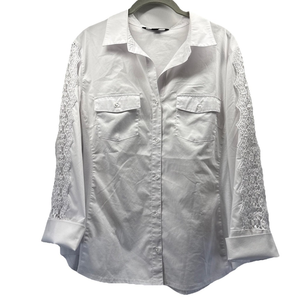 Zac & Rachel Women's Top Blouse Size P XL Solid White Button Up Lace 3/4 Sleeves